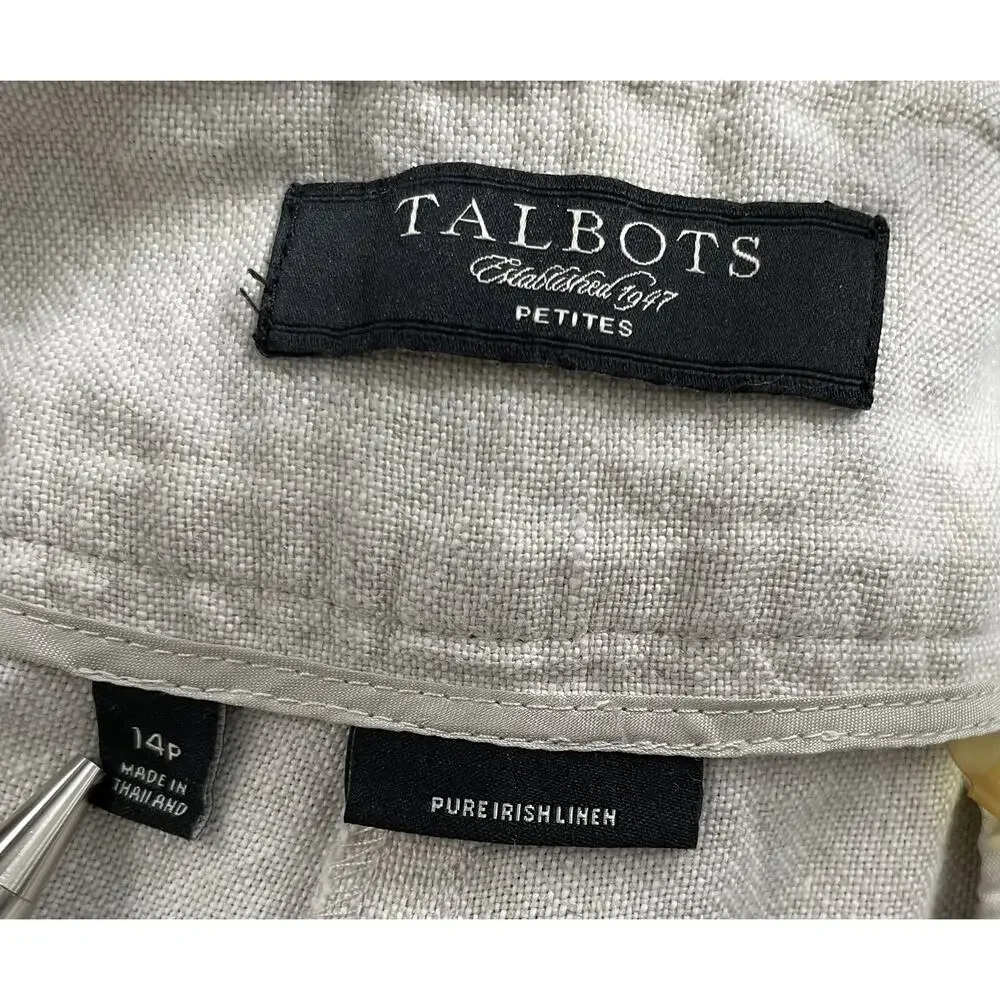 Talbots Petites 14P Pure Irish Linen Beige Cropped Wide Leg Capri Belted Pants